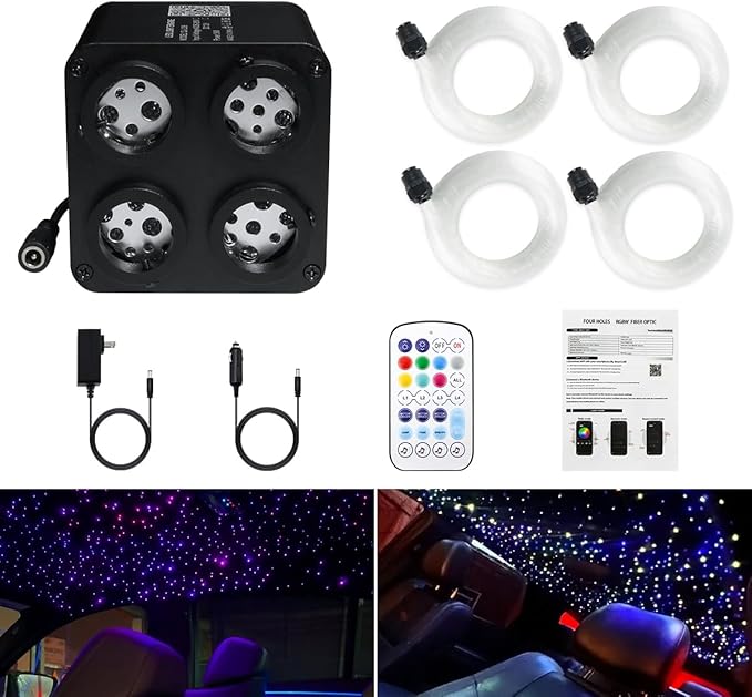 AMKI Updated 4Color Twinkle 36w Starlight Headliner Kits 1300pcs 0.03in 9.8ft Fiber Optic Light Cable 4 Ports Starlight Box App/Remote Control Sound Mode for Car Home Ceiling Decoration