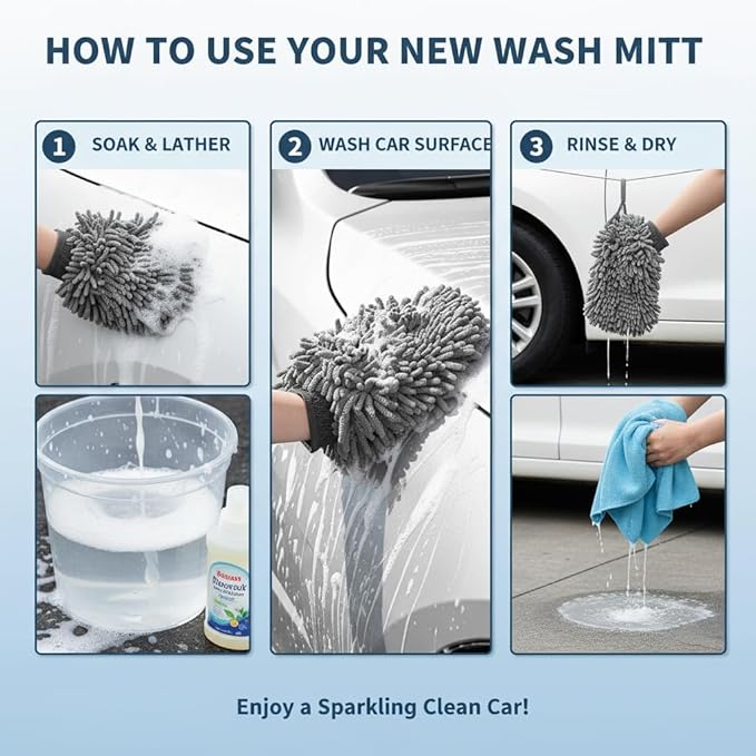 Chenille Microfiber Car Wash Mitt, Scratch Free Reusable Cleaning Glove, Soft Absorbent Auto Detailing Wash Mitt for Car Exterior & Interior – 1 Pack (Blue)