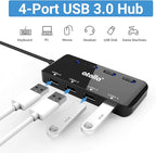 USB Hub, 4-Port USB 3.0 Hub Splitter with 2 ft Extended Cable, Ultra Slim Data USB Extender with Individual Power Switches and LED