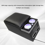 Black Universal Truck Seat/Bench Organizer with LED Light, USB Port, Cup Holders, Armrest, Padded Top Lid - Ideal for Business Upgrade Center Console Organizerand