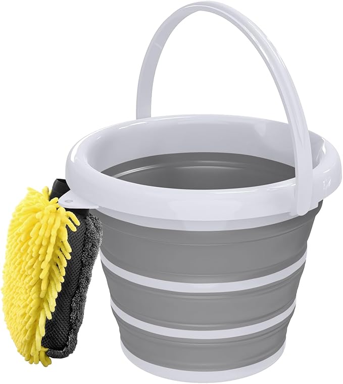 Collapsible Wash Bucket with Microfiber Mitt, 10L (2.6 Gallon) Portable Collapsiblle Buckett with Handle for Car Wash Household Cleaning, Multiuse Collapsibles Water Bucket and Car wash mitt - Grey