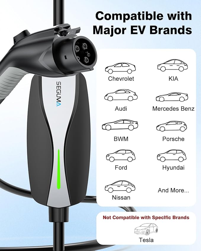 SEGUMA Level 1/2 EV Charger, 16Amp Electric Car Charger 25FT Cable with NEMA 6-20 Plug and NEMA 5-15 Adapter, Home Mobile EV Charging Station for J1772 BEVs/PHEVs 110V-240V(Black)