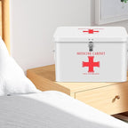 Flexzion First Aid Box Organizer Empty with Lock - 13" White Vintage First Aid Kit Tin Metal Medical Box - First Aid Storage Bin Container with Dividers, Removable Tray and Red Cross Logo
