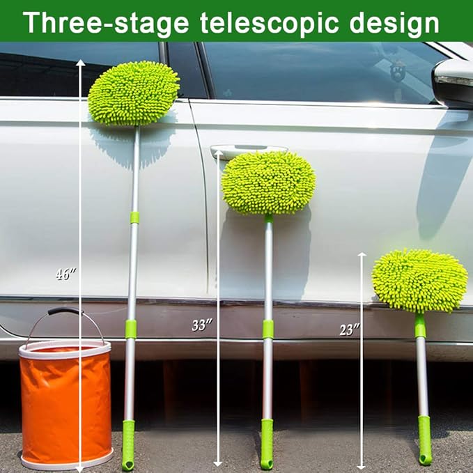 2 in 1 Chenille Microfiber Car Wash Mop Mitt with 46" Aluminum Alloy Long Handle,Car Cleaning Kit Brush Duster,Scratch Free Cleaning Tool Dust Collector Supplies, 2Pcs Mop Head(Green)