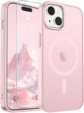 SUPFINE Magnetic for iPhone 15 Case with Screen Protector (Compatible with MagSafe) (Military Grade Drop Protection) Translucent Matte Shockproof Phone Cover,Light Pink