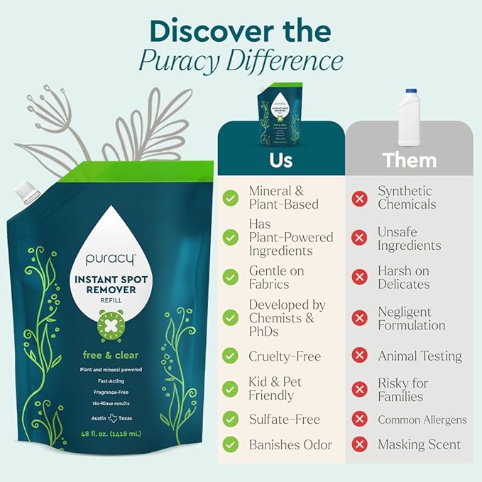 Puracy Laundry Stain Remover for Clothes Laundry - Carpet Stain Remover Carpet Spot Cleaner Couch Stain Remover - Clothes Spray, Free & Clear - Instant Spot Remover, 48 Fl Oz (Pack of 1)