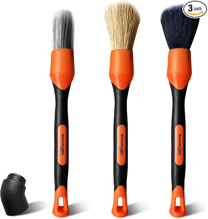 YeewayVeh 3pcs Car Detailing Brush Set, Boars Hair Detailing Brushes, Ultra Soft Detail Brush for Air Vent Leather Seat, Scratch Free Car Detailing Brushes for Interior Exterior, Orange