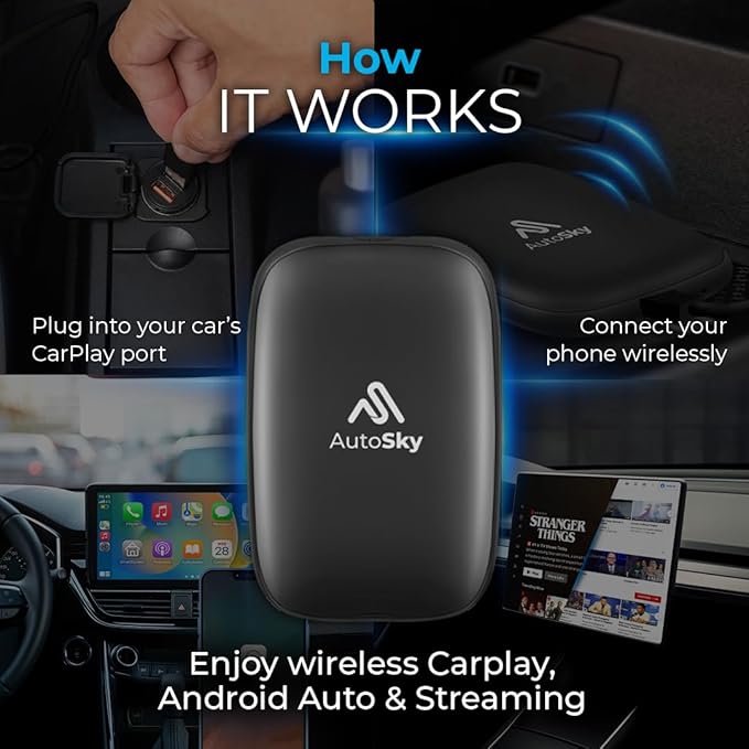 AutoSky AI Box Lite – Wireless CarPlay & Android Auto Adapter, Plug-and-Play, Fast Connection, Stable Performance, Stream Netflix & YouTube via Hotspot, Works with OEM Touchscreen