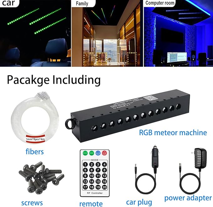 AZIMOM RGB 12LED Meteor Shooting Star Kits 96pcs 0.04in 13.1ft Colorful Shooting Star Fiber Optic Meteor Kits for Car Home Roof Ceiling