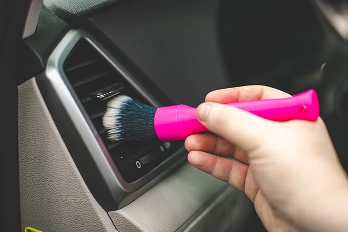 Detail Factory - Synthetic Detailing Brush - Ultra-Soft Bristles, Comfortable Grip and Scratch-Free Cleaning for Exterior, Interior, Emblems, Badges, Instrument/Gauge Panels (Pink, Short)