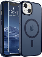SUPFINE Magnetic for iPhone 14 Case & iPhone 13 Case with Screen Protector (Compatible with MagSafe)(Military Grade Drop Protection) Translucent Matte Shockproof Phone Cover,Dark Blue
