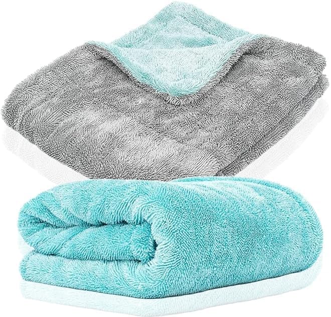 DM_Stores Microfiber Car Drying Towel, Teal and Gray, Edgeless Plush Cloth for Polishing, Drying, and Detailing