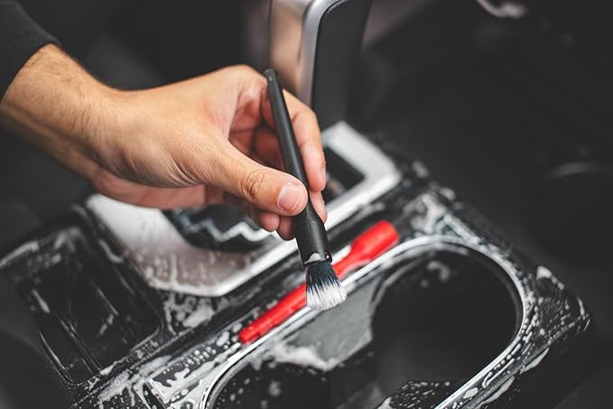 Detail Factory - Crevice Mini Detailing Brush Combo Kit - One Boar's Hair Brush + One Ultra-Soft Synthetic Brush, Heavy Cleaning Action for Small Spaces, Red + Black (2 Pack)