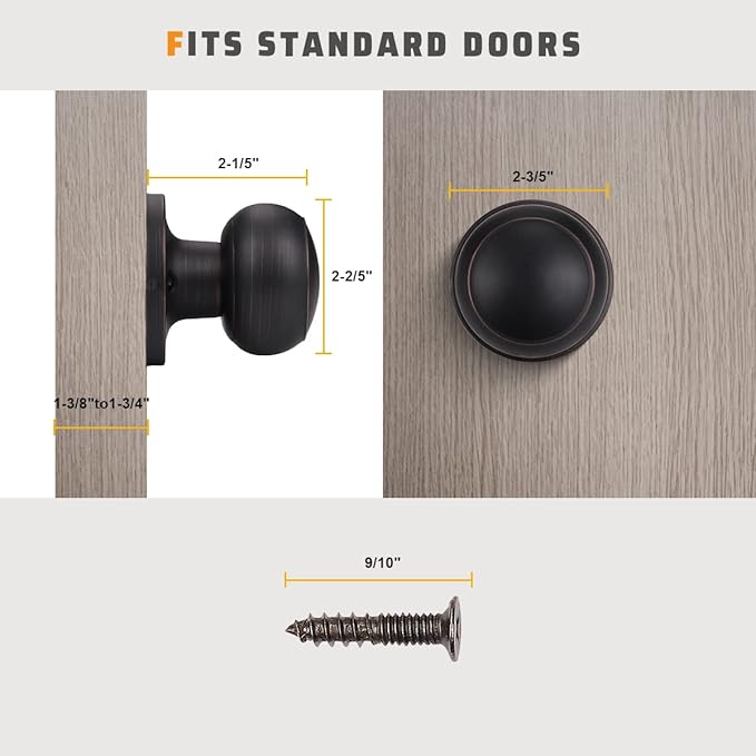 KNOBWELL 2 Pack Bronze Dummy Door Knob, Single Sided Handle for Closets, French Double Doors, and Pantry, Oil Rubbed Bronze One Side Non-Turning Interior Push/Pull Door Knob