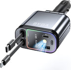 4 in 1 Retractable Car Charger with Starry Light,69W Cigarette Lighter Charger,USB C Fast Car Charger for iPhone 17 Pro Max 16 15 14 13 12 11 (Lightning+USB-C & PurpleLight)