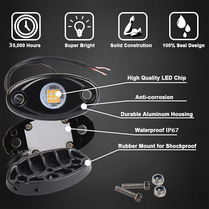 Red LED Rock Lights, 4 Pods Neon 12V Waterproof Underglow Underbody Kit Crawler Crawling Dome Exterior Wheel Lights for ATV RZR UTV SUV Off-Road Auto Boat Motorcycle Glow Trail Rig Fender Lamp