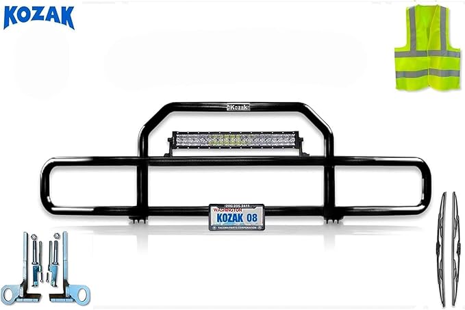 Black Front Grille Deer Moose Brush Bumper Guard Compatible with Kenworth T680 Next Gen 2022+ No Fog - Includes 22" LED Bar, Brackets, Logo, 22" Wipers, License Plate Holder & Frame, Vest