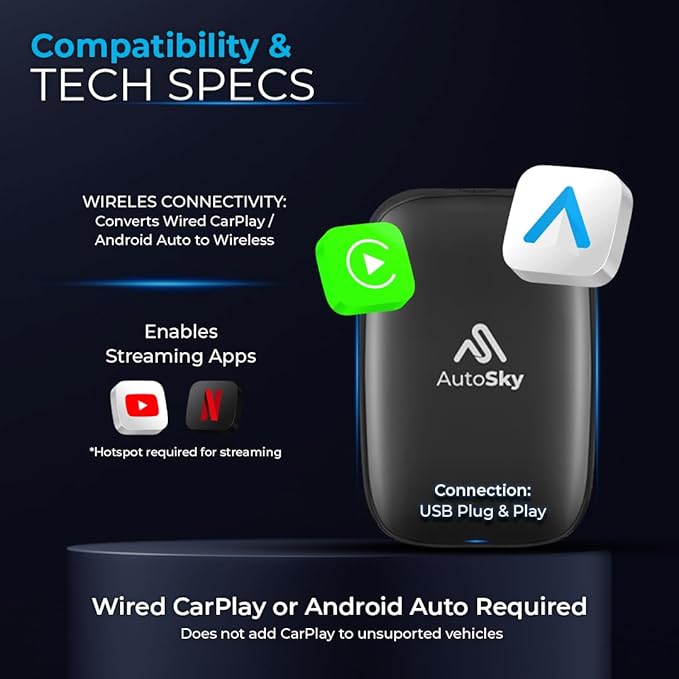 AutoSky AI Box Lite – Wireless CarPlay & Android Auto Adapter, Plug-and-Play, Fast Connection, Stable Performance, Stream Netflix & YouTube via Hotspot, Works with OEM Touchscreen