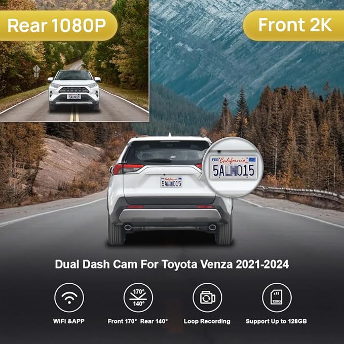 Fitcamx Front 2K+Rear 1080P Dash Cam Adapts for Toyota Venza 2021-2024 LE XLE Limited Nightshade Edition, OEM Style, Dual HD Video, WiFi & APP, Loop Recording, G-Sensor, Easy to Use, 64GB Card