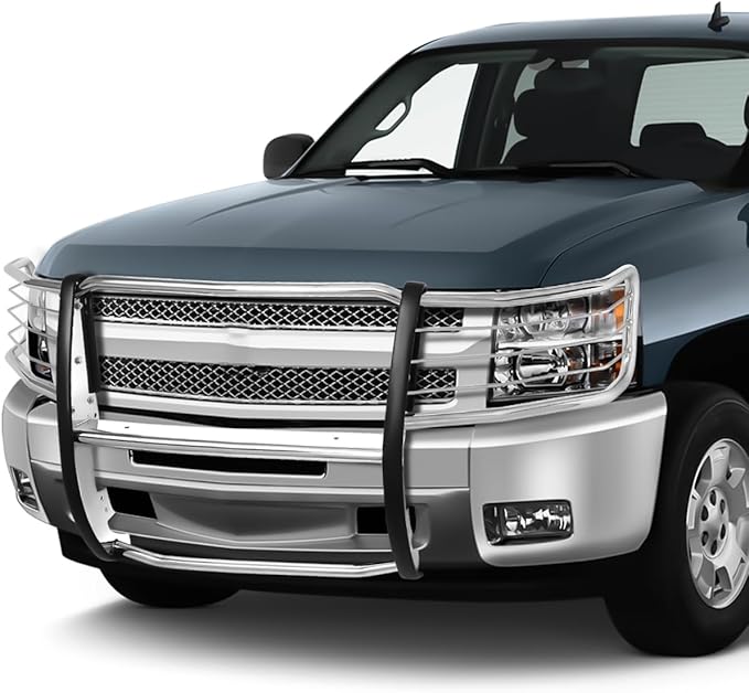 Front Bumper Brush Grille Guard Compatible with 2007-2013 Chevy Silverado 1500, Stainless Steel, Polished Chrome 2008 2009 2010 2011 2012