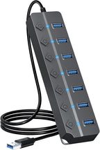 ONFINIO USB Hub 3.0, 7-Port USB Hub Splitter with Individual On/Off Switches and Lights, 3.2ft/1m Long Cable Compatible with MacBook, Laptop, Surface Pro, PS4, PC, Flash Drive, Mobile HDD-Gray