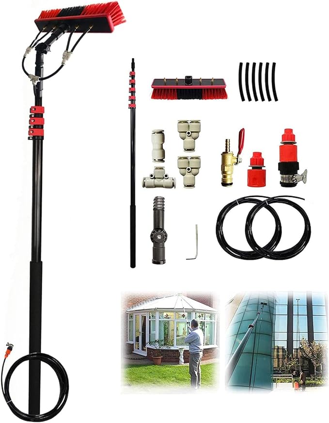 12ft-36ft Water Fed Pole Kit with Telescopic Brush for Window Cleaning, Car Wash & Solar Panels - Includes 20m Hose for Home & Commercial Use