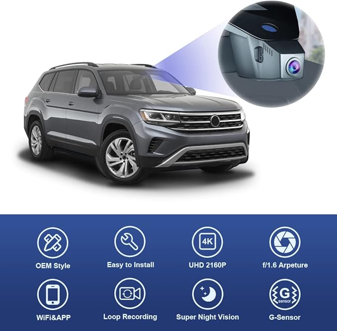 Fitcamx 4K Dash Cam Suitable for Volkswagen Atlas 2018-2026 (Model A/Slim-Tail) & Atlas Cross Sport 2020-2026, OEM Look, UHD 2160P Video, WiFi & APP, Loop Recording, Parking Sensor, Plug & Play, 64GB