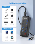 Powered USB 3.0 Hub, Wenter 5-Port USB Hub Splitter (4 Faster Data Transfer Ports+ 1 Type-C Charging Ports) with Individual LED On/Off Switches, USB Hub 3.0 Powered with Power Adapter for Mac, PC