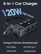 8 in 1 Cigarette Lighter Splitter, 120W Car Charger Adapter with PD 30W Type-C & QC3.0, 3-Socket Car Outlet with 5 USB Ports, LED Voltmeter, Independent Switches, 12V/24V Multi-Port Charger