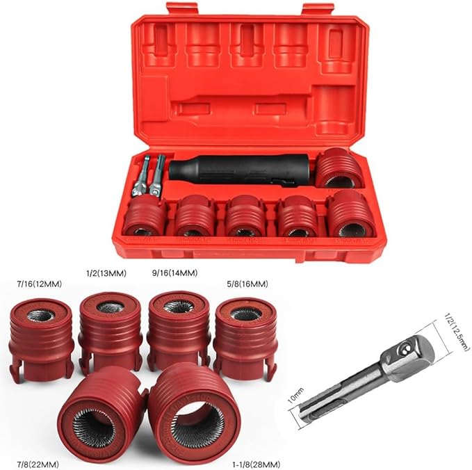 9-Piece Car Wheel Stud Cleaner Tool Set, Rust Removal Brush for 12-28mm Nuts, Drill Attachment for Impact Driver Use