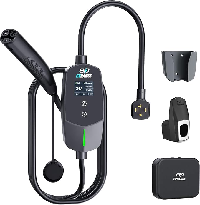 EVDANCE Level 2 EV Charger for Tesla Models, 24Amp 240V NEMA 14-30 Plug, 25FT Cable with Remote-Open Charge Port, 6-24A Adjustable EV Charging Station for Home/Garage Use, IP66 Waterproof