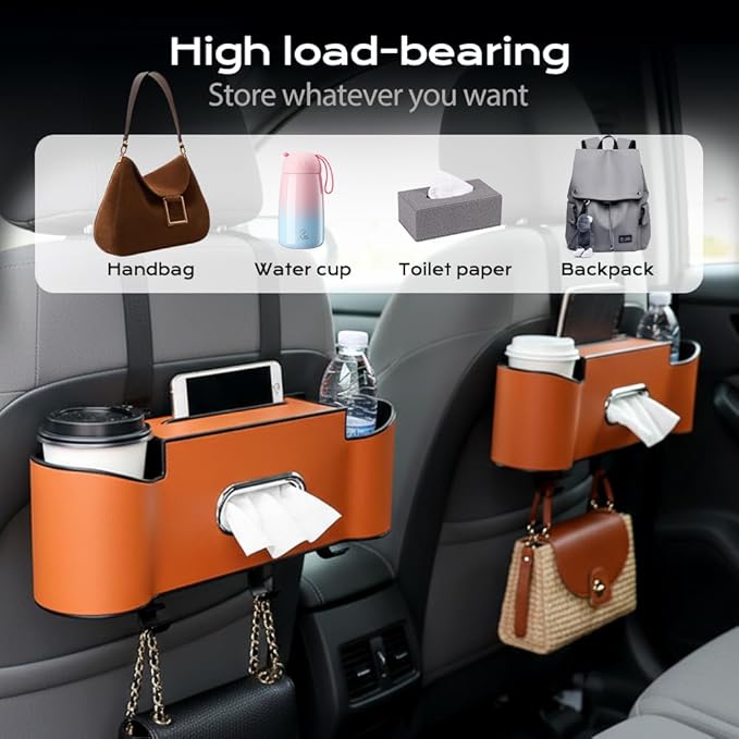 3-in-1 Car Backseat Organizer, 2026 New Multifunctional Back Seat Car Organizer with Cup Holder, Tissue Box, Trash Bin & Hooks for Hold Phones, Snacks, Drinks, Handbags (2, Brown)