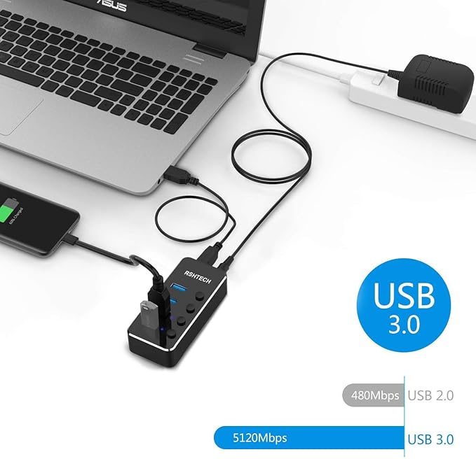 Powered USB Hub, RSHTECH 4 Port USB 3.0 Hub Splitter Portable Aluminum USB Data Hub Expander with Individual On/Off Switch and Universal 5V AC Adapter, 3.3ft USB 3.0 Cable (RSH-516)