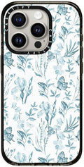 CASETiFY Impact iPhone 15 Pro Case [Slim/Compatible with Magsafe / 8.2 ft. 4X Military Grade Drop Protection] - Elegant Pastel Blue Vintage Butterfly Floral - Clear Black