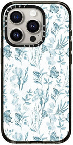 CASETiFY Impact iPhone 15 Pro Case [Slim/Compatible with Magsafe / 8.2 ft. 4X Military Grade Drop Protection] - Elegant Pastel Blue Vintage Butterfly Floral - Clear Black