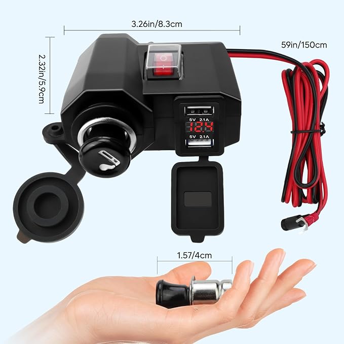 BlueFire 5V/2.1A Dual USB Charger Socket Waterproof Motorcycle Handlebar Clamp Power Adapter Charger USB Charging System with Cigarette Lighter Socket and Voltmeter for Phones/Tablets/GPS