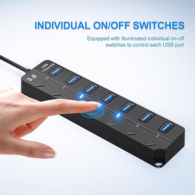 ONFINIO USB Hub 3.0, 7-Port USB Hub Splitter with Individual On/Off Switches and Lights, 3.2ft/1m Long Cable Compatible with MacBook, Laptop, Surface Pro, PS4, PC, Flash Drive, Mobile HDD