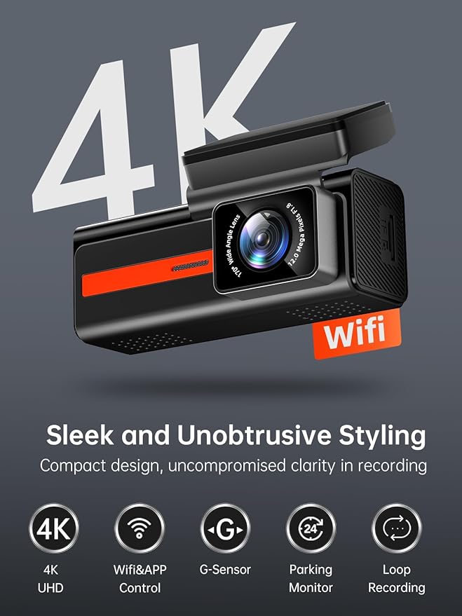 Dash Cam Front and Rear, 4K+1080P WiFi Mini Car Camera with App Control, 170° Wide Angle Dual Dashcam, Night Vision