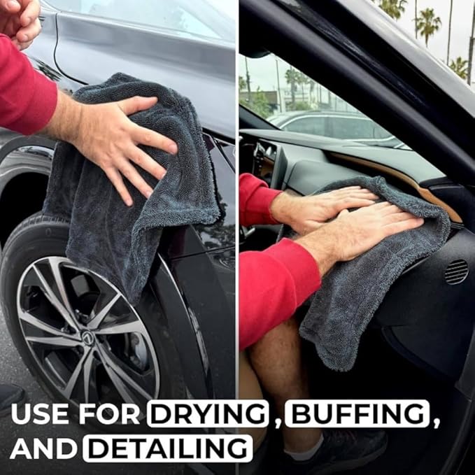 1200GSM Microfiber Car Drying Towel, Double-Twist Loop, Ultra-Absorbent, Quick-Dry, Lint- & Streak-Free, Scratch-Safe, for Car Wash & Detailing (1 Pack) (Dark Grey, 24" x 36")