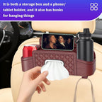 Car Headrest Backseat Organizer, Multifunctional Vehicle Seat Back Hanging Storage Box with Cup Holder and Hooks, Automotive Interior Headrest Storage Organizer, Universal Fit (Wine Red)