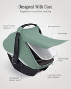 Blissful Diary Baby Car Seat Cover, Extra Large Mesh Window, Breathable Muslin Cotton, Infant Windproof Canopy, Must-Have Baby Gift - Roman Green