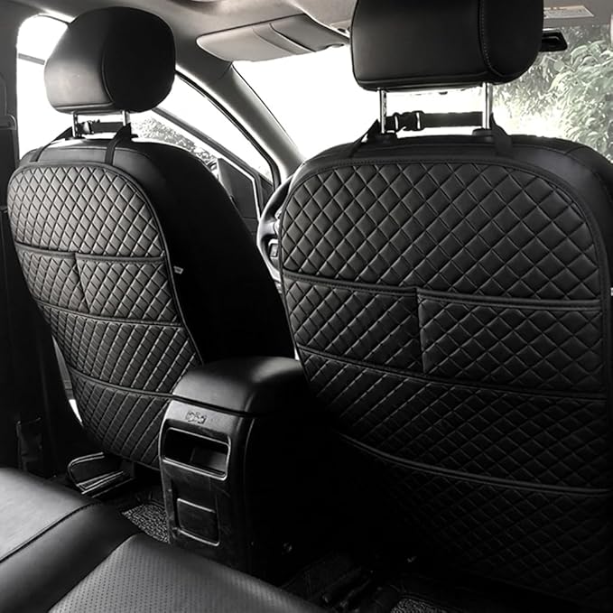 2 Pack Luxury PU Leather Car Seat Back Protector, Waterproof Kick Mats for Kids, No-Sag Backseat Organizer with Sleek Storage Pockets, Easy to Clean Auto Interior Accessories for SUV & Sedan (Black)