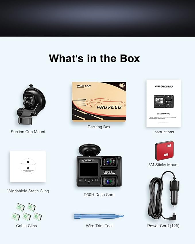 PRUVEEO Dash Cam, Front and Inside 1080P Dual FHD Dash Camera for Cars, Novatek Processor, Single-Channel 2160P, Infrared Night Vision, Built-in WiFi, 24H Parking Monitor Mode, 2 Inch LCD, 512 Gb Max