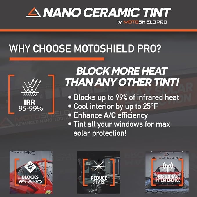MotoShield Pro 25% VLT Nano Ceramic Window Tint for Car 24” in x 5’ ft 2PLY Roll High Heat Rejection & Glare Reduction Auto Tint Privacy Film, Rejects up to 99% IRR, 99% UV Blocking, Easy DIY Shrink