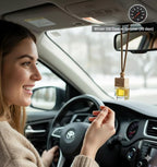Aromatherapy Car Air Freshener, Natural Fragrance Hanging Diffuser, Long Lasting, Multiple Scents Including Peach, Vanilla Cream, Pink Coconut, and Freesia, Glass Bottle with Wooden Cap, 4pcs
