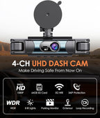 4 Channel Dash Cam 360° View, 2K Car Dash Cam Front and Back, 4-Way Front Rear Inside Recording, APP Control, 8 IR Night Vision, Parking Monitor, G-Sensor, Free 64GB TF Card