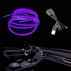 El Wire Purple Interior Car LED Strip Lights, 5M Neon Wire USB 5V with Fuse Protection for Automotive Interior Decoration, with 6mm Sewing Edge