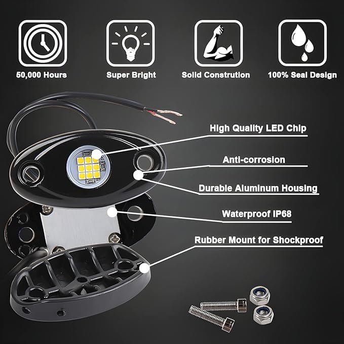 Rock Lights for Trucks, 4 Pods LED Rock Lights, IP67 Waterproof Neon Rock Lights Kits for Pickup ATV Off Road SUV, High Brightness Multifunction Underglow Lighting Glow Trail Rig Lamp (White)