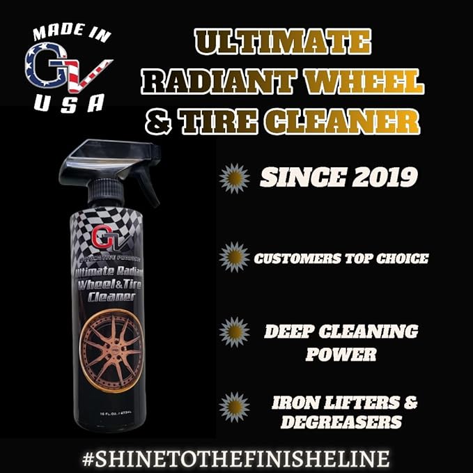 GV Automotive Products Ultimate Radiant Wheel Cleaner - Chrome Rim & Wheel Cleaner Spray – Safe, Ready To Use, Polishes, Shines & Removes Brake Dust – Professional Car Detailing Formula - 16oz