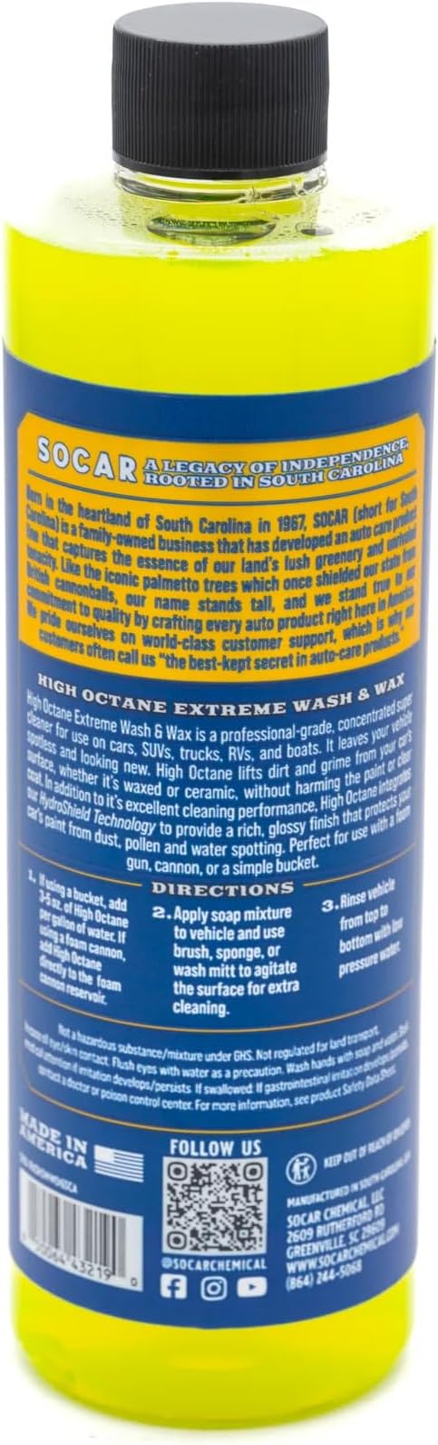 Socar Chemical High Octane (16 oz) - Ceramic Wash & Wax Car Soap – High Foam pH Neutral Car Shampoo with SiO2 Protection – Hydrophobic Shine, Scratch-Safe, Foam Cannon & Bucket Wash